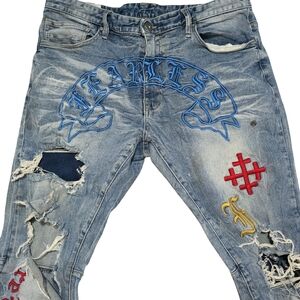 Smoke Rise Jeans 38x32 Fearless Distressed Ripped Denim Streetwear Blue